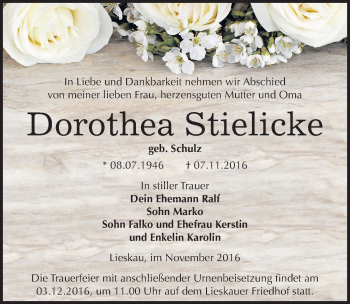 Traueranzeige von Dorothea Stielicke von Mitteldeutsche Zeitung Halle/Saalkreis