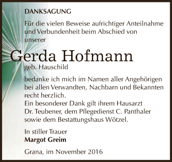 Traueranzeige von Gerda Hofmann von Super Sonntag Zeitz