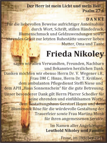 Traueranzeige von Frieda Nikoley von Super Sonntag Aschersleben