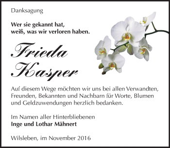 Traueranzeige von Frieda Kasper von Mitteldeutsche Zeitung Aschersleben