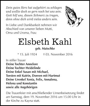Traueranzeige von Elsbeth Kahl von Super Sonntag Zeitz