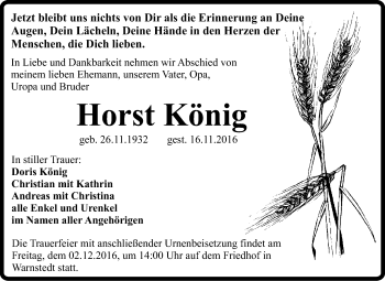 Traueranzeige von Horst König von Super Sonntag Quedlinburg