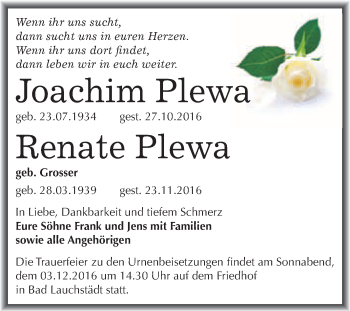 Traueranzeige von Joachim und Renate Plewa von WVG - Wochenspiegel Merseburg