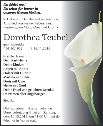 Traueranzeige von Dorothea Teubel von WVG - Wochenspiegel NMB / WSF / ZTZ