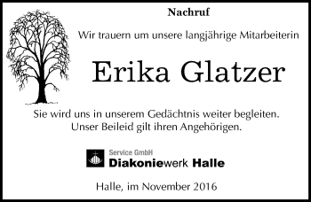 Traueranzeige von Erika Glatzer von Mitteldeutsche Zeitung Halle/Saalkreis