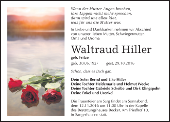 Traueranzeige von Waltraud Hiller von Mitteldeutsche Zeitung Sangerhausen