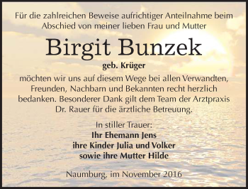 Traueranzeige von Birgit Bunzek von Mitteldeutsche Zeitung Naumburg/Nebra