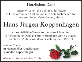 Traueranzeige von Hans Jürgen Koppenhagen von Mitteldeutsche Zeitung Zeitz