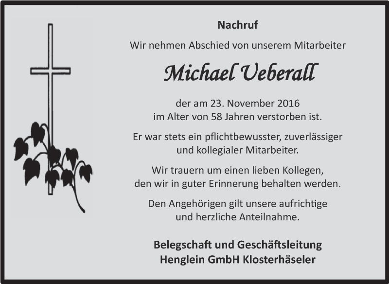  Traueranzeige für Michael Ueberall vom 30.11.2016 aus WVG - Wochenspiegel NMB / WSF / ZTZ