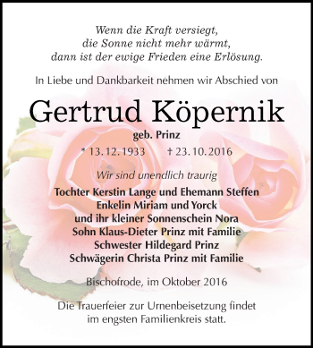 Traueranzeige von Gertrud Köpernik von Wochenspiegel Mansfelder Land