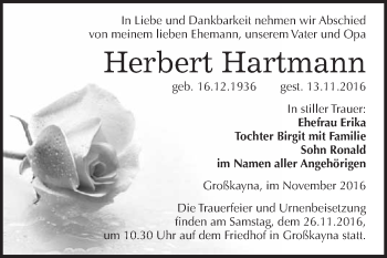 Traueranzeige von Herbert Hartmann von WVG - Wochenspiegel Merseburg