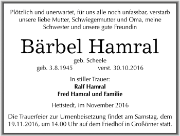 Traueranzeige von Bärbel Hamral von Mitteldeutsche Zeitung Mansfelder Land