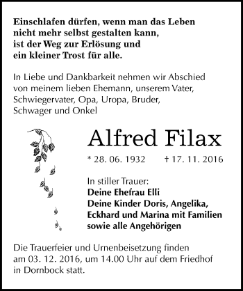 Traueranzeige von Alfred Filax von Mitteldeutsche Zeitung Köthen