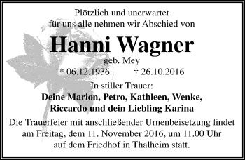 Traueranzeige von Hanni Wagner von Mitteldeutsche Zeitung Bitterfeld