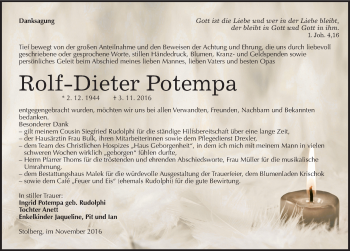Traueranzeige von Rolf-Dieter Potempa von Mitteldeutsche Zeitung Sangerhausen