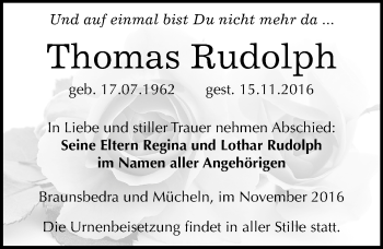 Traueranzeige von Thomas Rudolph von Mitteldeutsche Zeitung Merseburg/Querfurt
