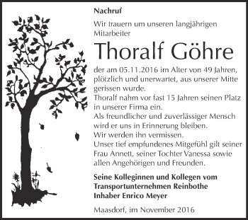 Traueranzeige von Thoralf Göhre von WVG - Wochenspiegel Dessau / Köthen