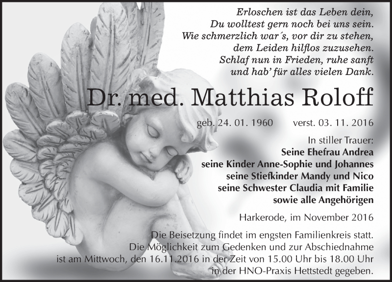  Traueranzeige für Matthias Roloff vom 12.11.2016 aus Mitteldeutsche Zeitung Mansfelder Land
