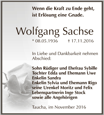 Traueranzeige von Wolfgang Sachse von WVG - Wochenspiegel NMB / WSF / ZTZ