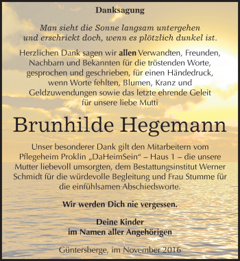 Traueranzeige von Brunhilde Hegemann von Mitteldeutsche Zeitung Quedlinburg