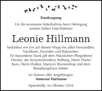 Traueranzeige von Leonie Hillmann von WVG - Wochenspiegel Quedlinburg