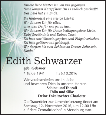 Traueranzeige von Edith Schwarzer von Mitteldeutsche Zeitung Merseburg/Querfurt