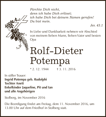 Traueranzeige von Rolf-Dieter Potempa von WVG - Wochenspiegel SGH