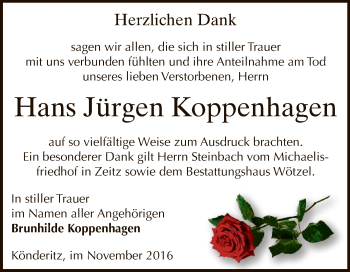 Traueranzeige von Hans Jürgen Koppenhagen von Super Sonntag Zeitz