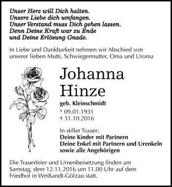 Traueranzeige von Johanna Hinze von Mitteldeutsche Zeitung Köthen