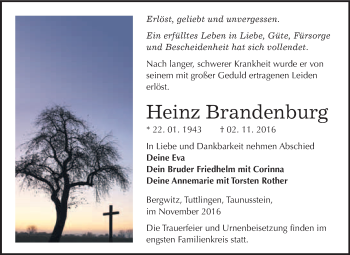 Traueranzeige von Heinz Brandenburg von WVG - Wochenspiegel Wittenberg
