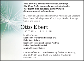 Traueranzeige von Otto Ebert von WVG - Wochenspiegel Dessau / Köthen