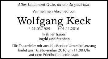 Traueranzeige von Wolfgang Keck von Mitteldeutsche Zeitung Halle/Saalkreis