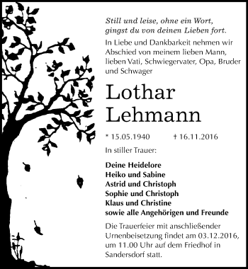 Traueranzeige von Lothar Lehmann von Mitteldeutsche Zeitung Bitterfeld