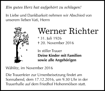 Traueranzeige von Werner Richter von Mitteldeutsche Zeitung Weißenfels