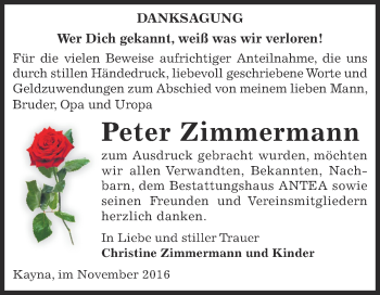 Traueranzeige von Peter Zimmermann von Super Sonntag Zeitz