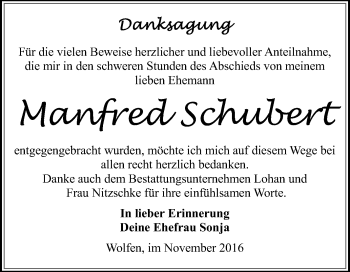 Traueranzeige von Manfred Schubert von WVG - Wochenspiegel Bitterfeld