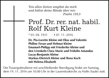 Traueranzeige von Rolf Kurt Kleine von Mitteldeutsche Zeitung Halle/Saalkreis