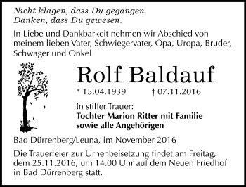 Traueranzeige von legRolf Baldauf von Mitteldeutsche Zeitung Merseburg/Querfurt