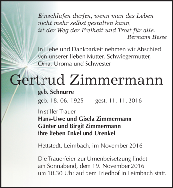 Traueranzeige von Gertrud Zimmermann von Mitteldeutsche Zeitung Mansfelder Land