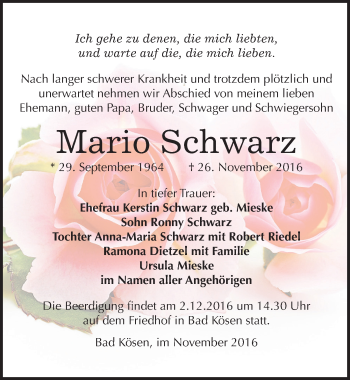 Traueranzeige von Mario Schwarz von Mitteldeutsche Zeitung Naumburg/Nebra