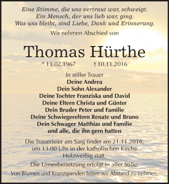 Traueranzeige von Thomas Hürthe von Mitteldeutsche Zeitung Bitterfeld