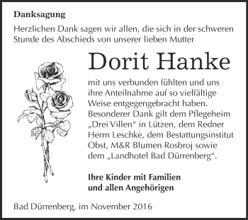 Traueranzeige von Dorit Hanke von Super Sonntag Merseburg