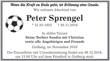 Traueranzeige von Peter Sprengel von WVG - Wochenspiegel Dessau / Köthen