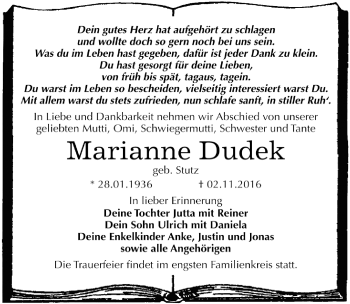 Traueranzeige von Marianne Dudek von Mitteldeutsche Zeitung Dessau-Roßlau