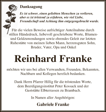 Traueranzeige von Reinhard Franke von WVG - Wochenspiegel Dessau / Köthen