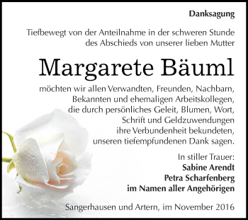 Traueranzeige von Margarete Bäuml von Super Sonntag SGH Mansf. Land