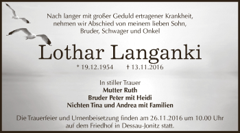 Traueranzeige von Lothar Langanki von WVG - Wochenspiegel Dessau / Köthen