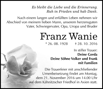 Traueranzeige von Franz Wanie von Mitteldeutsche Zeitung Wittenberg