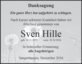 Traueranzeige von Sven Hille von Super Sonntag SGH Mansf. Land