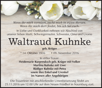 Traueranzeige von Waltraud Kuhnke von Mitteldeutsche Zeitung Naumburg/Nebra